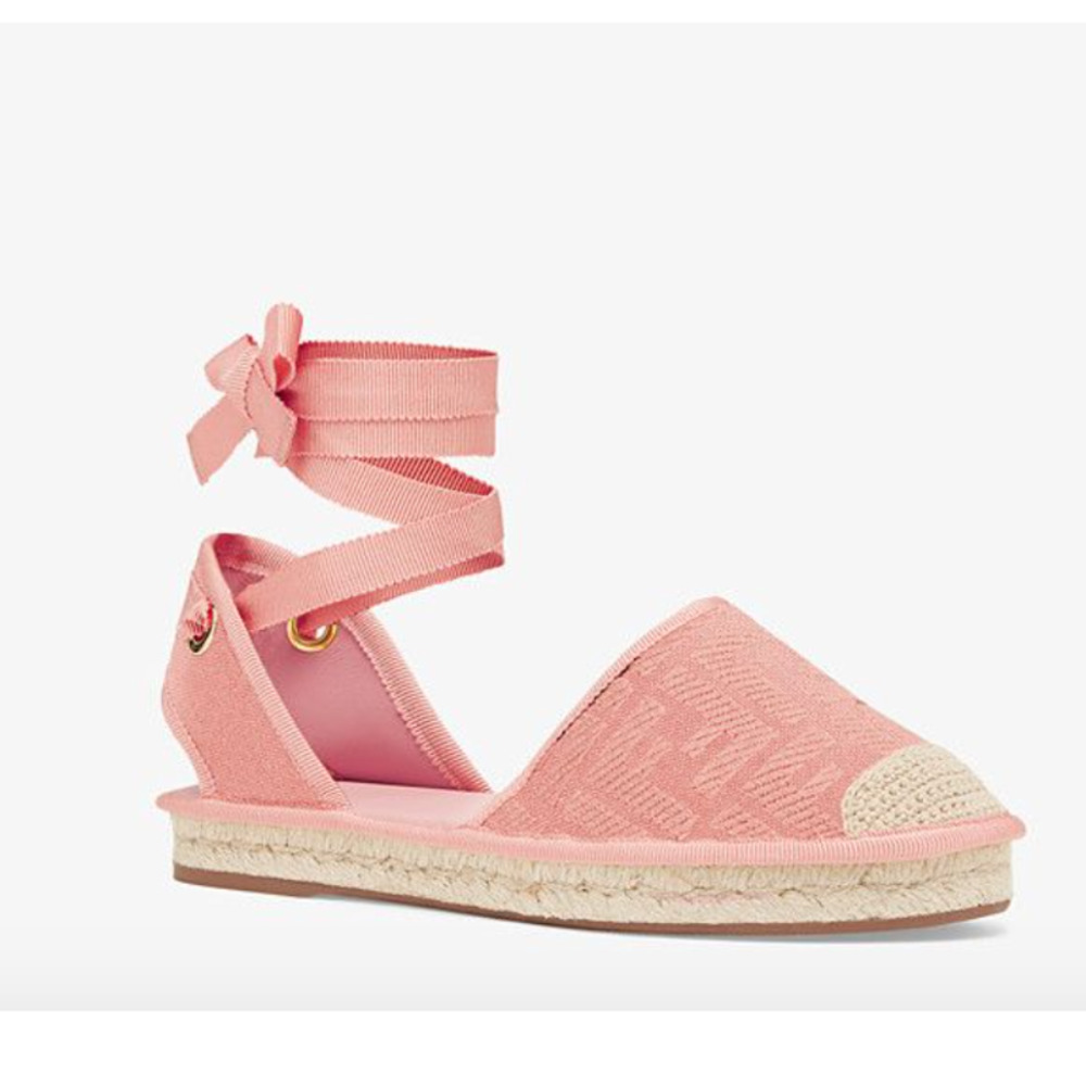 Fendi Pink FF Logo Embroidered Tie Up Ankle-Wrap Flat Sandal Espadrilles